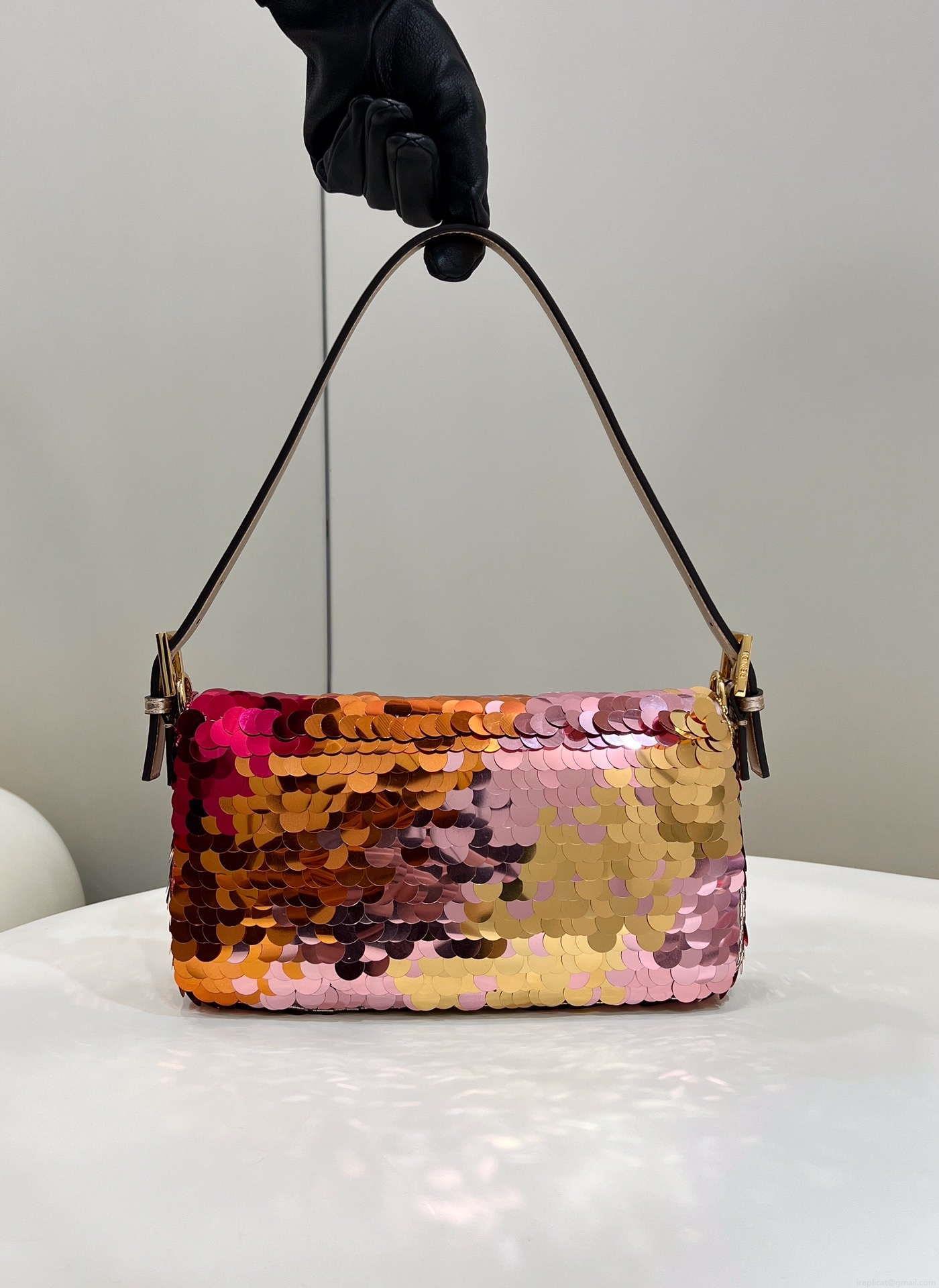Fendi 8BR600 Medium Baguette Pink and Gold sequin and leather bag 8582