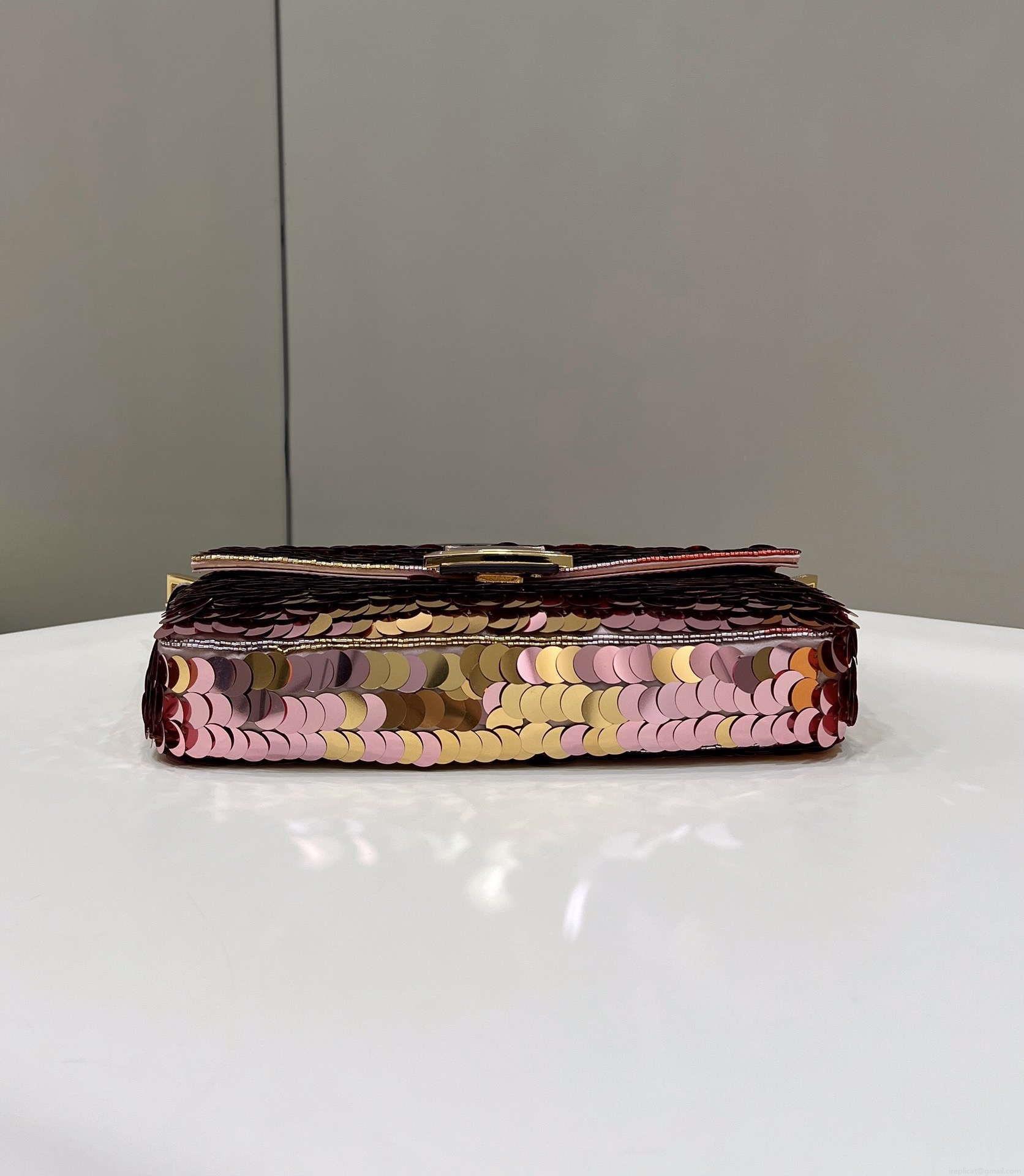 Fendi 8BR600 Medium Baguette Pink and Gold sequin and leather bag 8582