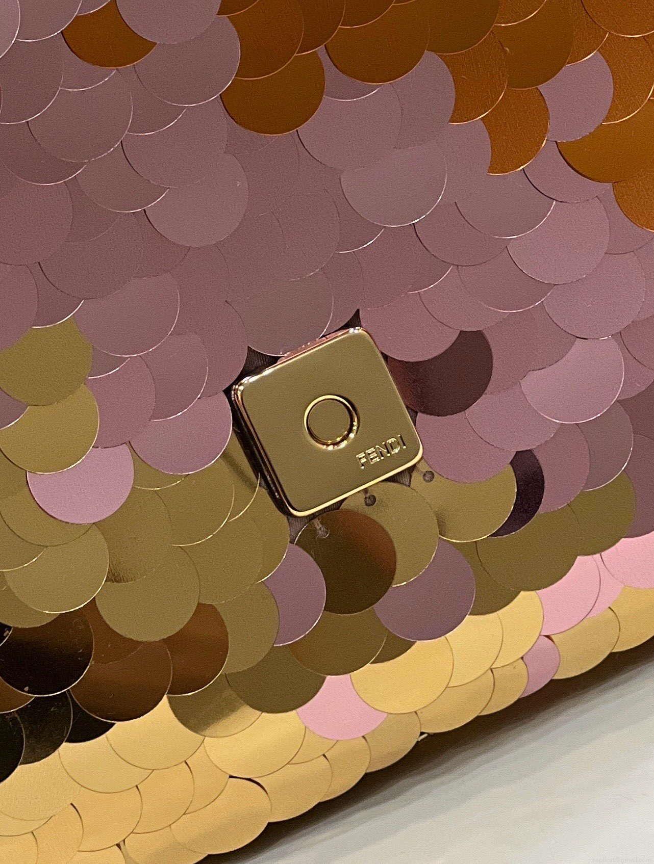 Fendi 8BR600 Medium Baguette Pink and Gold sequin and leather bag 8582