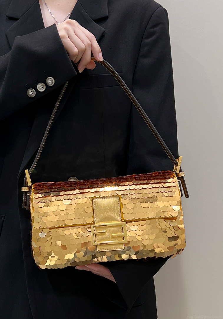Fendi 8BR600 Medium Baguette Gold sequin and leather bag 8582