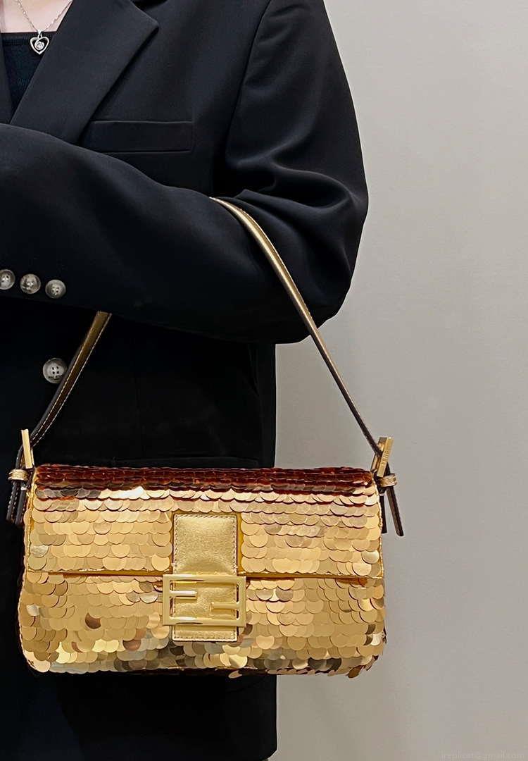 Fendi 8BR600 Medium Baguette Gold sequin and leather bag 8582