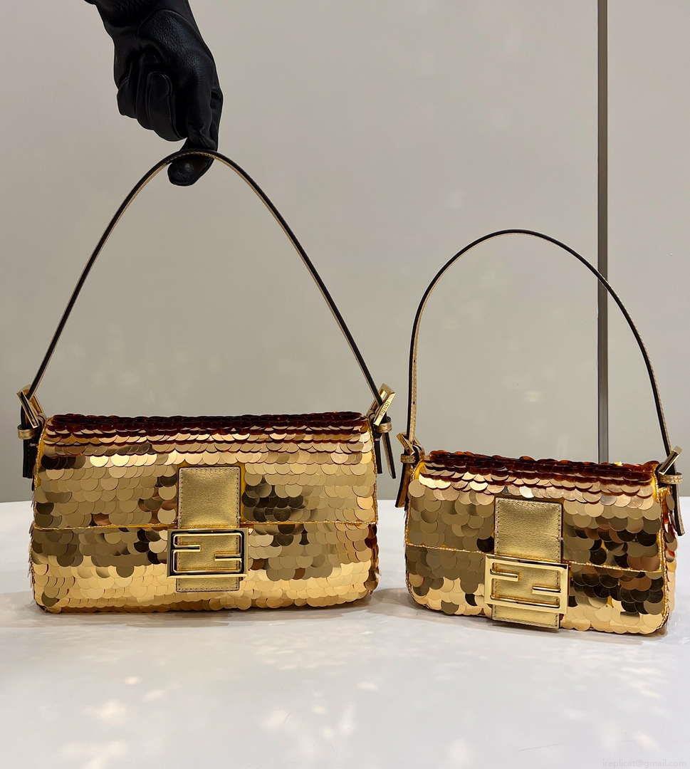 Fendi 8BR600 Medium Baguette Gold sequin and leather bag 8582