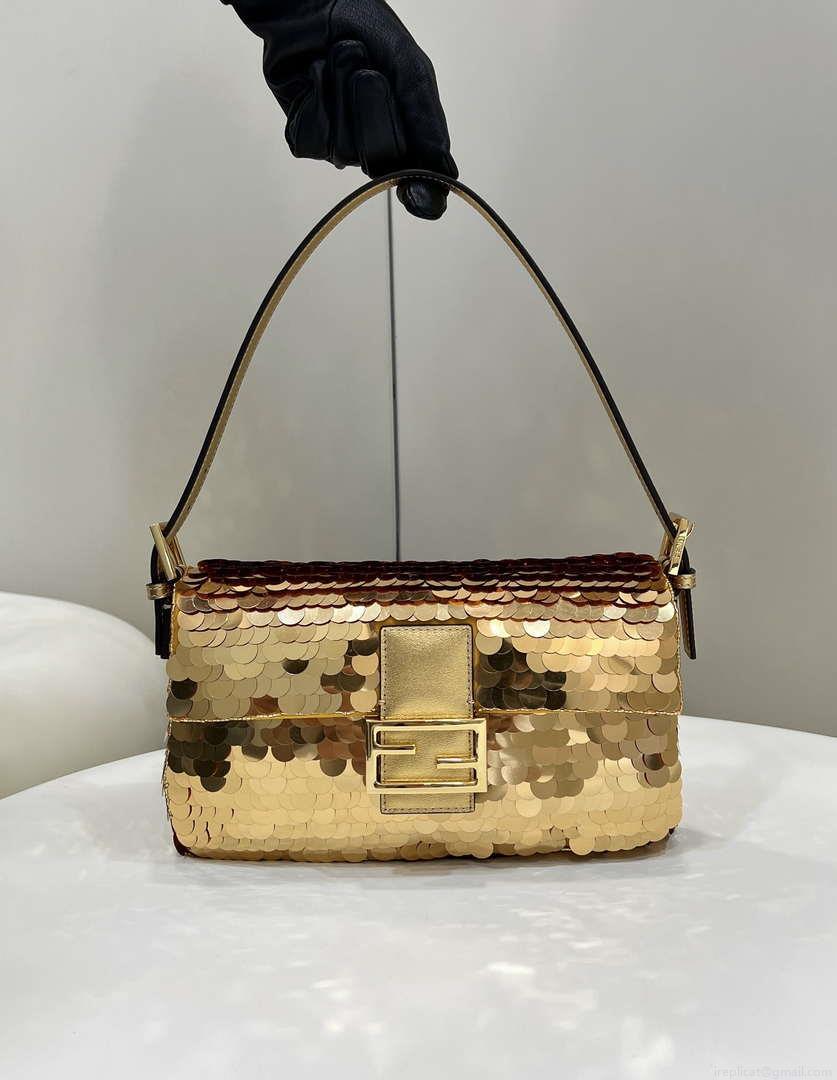Fendi 8BR600 Medium Baguette Gold sequin and leather bag 8582