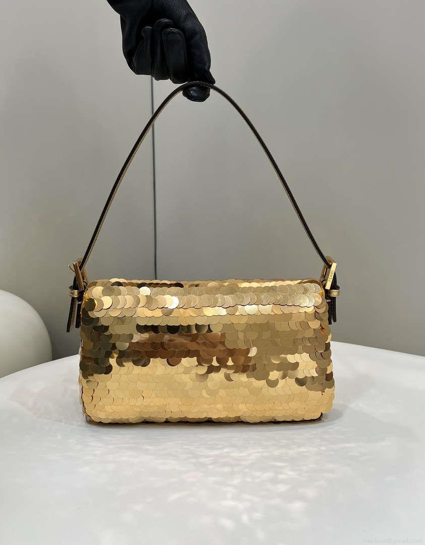 Fendi 8BR600 Medium Baguette Gold sequin and leather bag 8582