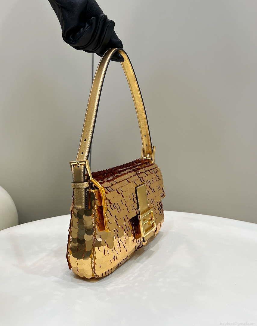 Fendi 8BR600 Medium Baguette Gold sequin and leather bag 8582