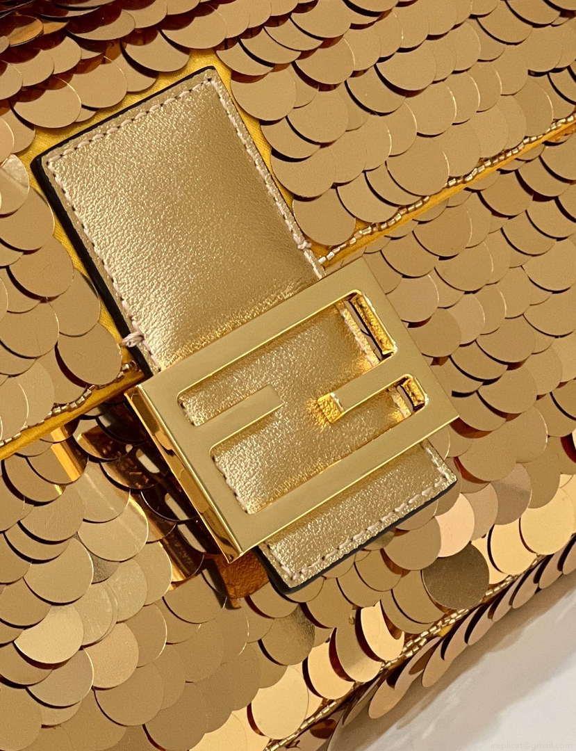 Fendi 8BR600 Medium Baguette Gold sequin and leather bag 8582