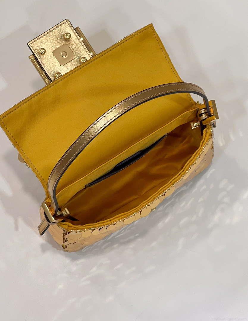 Fendi 8BS017 Mini Baguette Gold sequin and leather bag 8601s