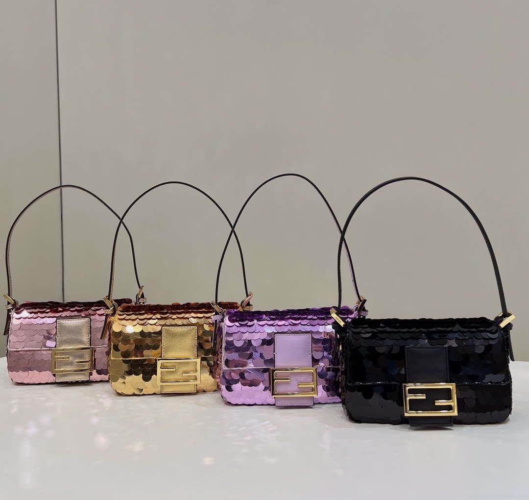 Fendi 8BS017 Mini Baguette Gold sequin and leather bag 8601s
