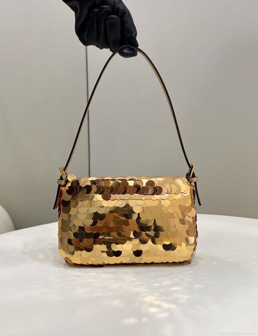 Fendi 8BS017 Mini Baguette Gold sequin and leather bag 8601s