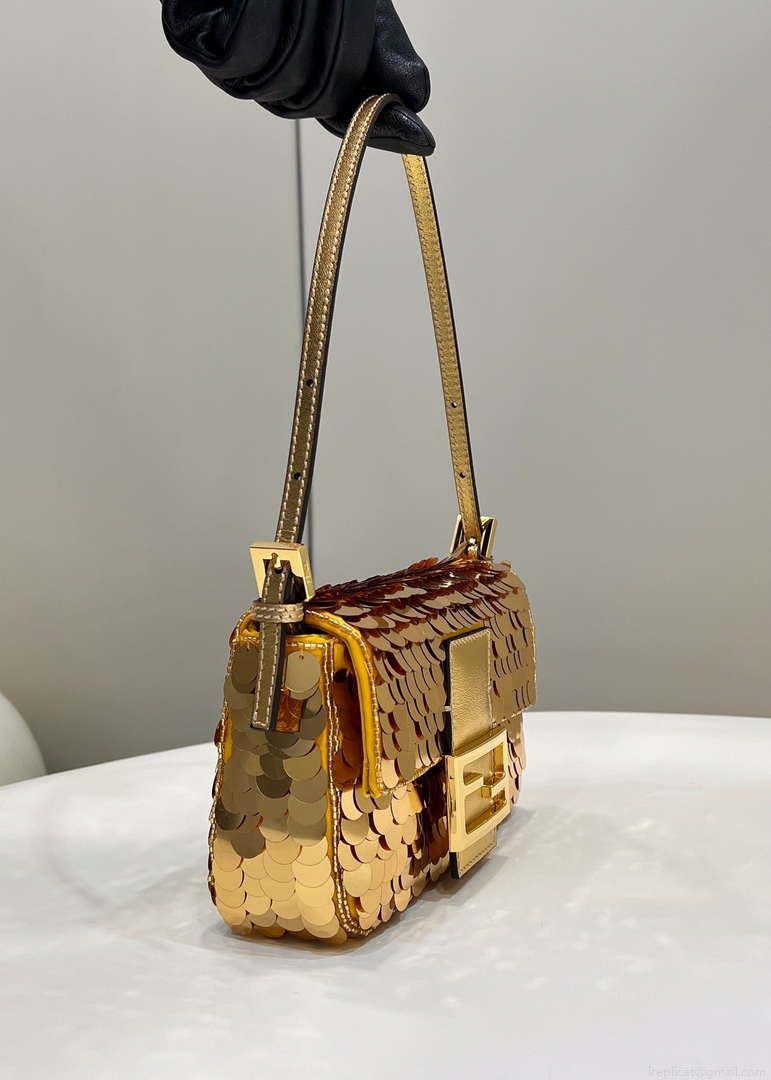 Fendi 8BS017 Mini Baguette Gold sequin and leather bag 8601s