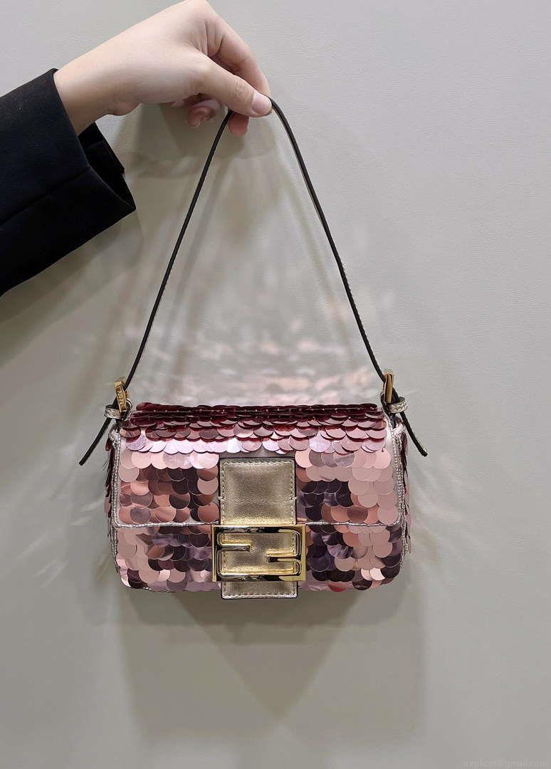 Fendi 8BS017 Mini Baguette Rose red sequin and leather bag 8601s