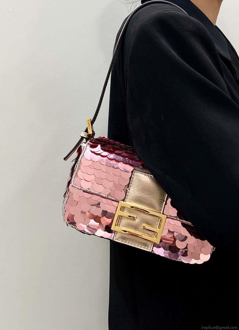 Fendi 8BS017 Mini Baguette Rose red sequin and leather bag 8601s