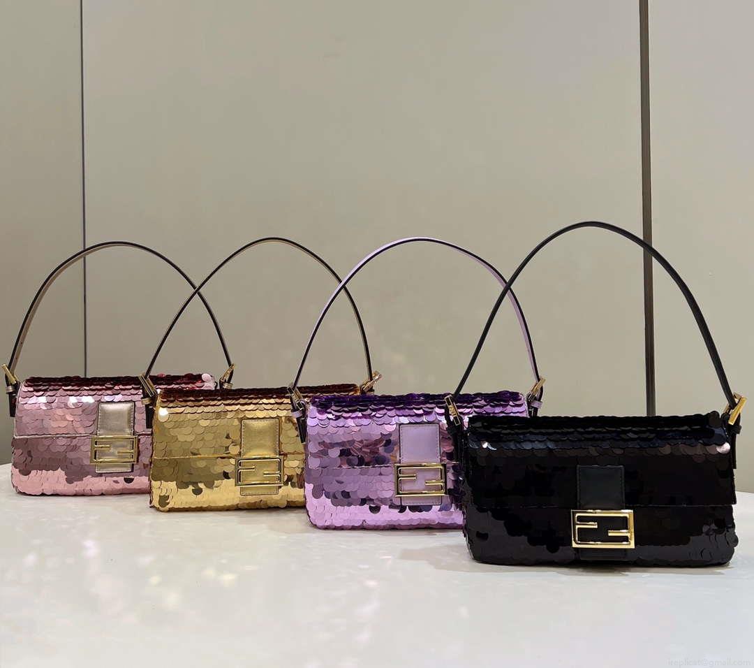 Fendi 8BS017 Mini Baguette Rose red sequin and leather bag 8601s