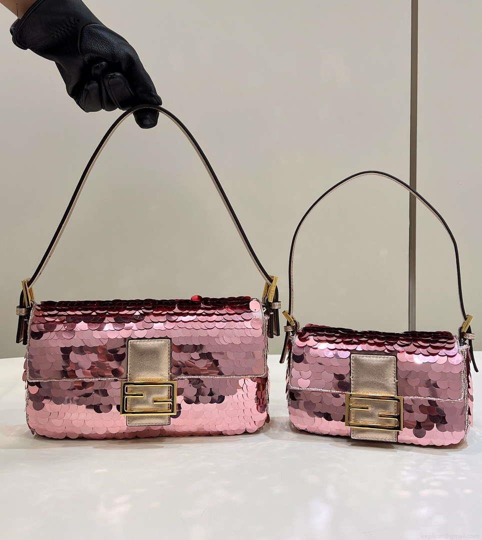 Fendi 8BS017 Mini Baguette Rose red sequin and leather bag 8601s
