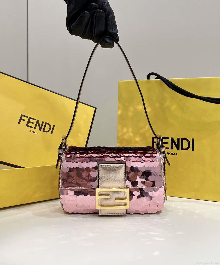 Fendi 8BS017 Mini Baguette Rose red sequin and leather bag 8601s