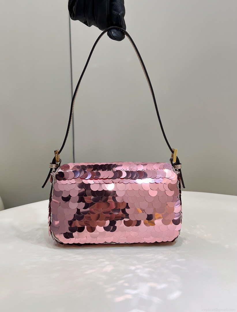 Fendi 8BS017 Mini Baguette Rose red sequin and leather bag 8601s