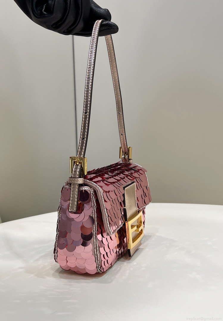 Fendi 8BS017 Mini Baguette Rose red sequin and leather bag 8601s
