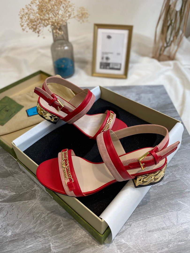 Gucci 655409 Women’s Sandal With Chain-Shaped Heel Leather Red