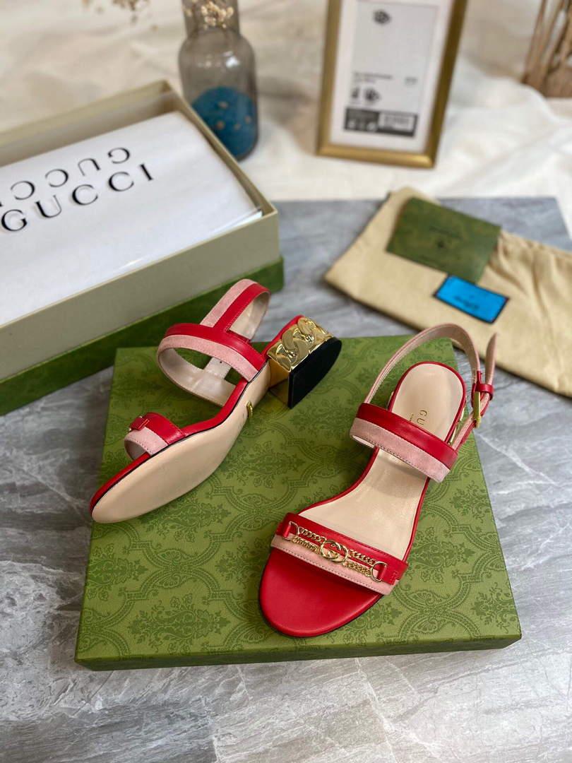 Gucci 655409 Women’s Sandal With Chain-Shaped Heel Leather Red