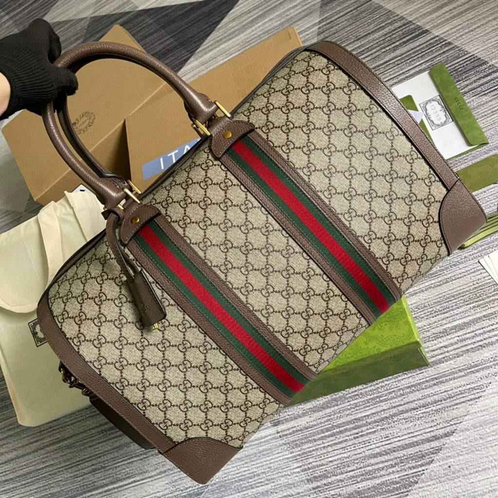 Gucci 645021 GG Duffle Bag With Web Leather Brown