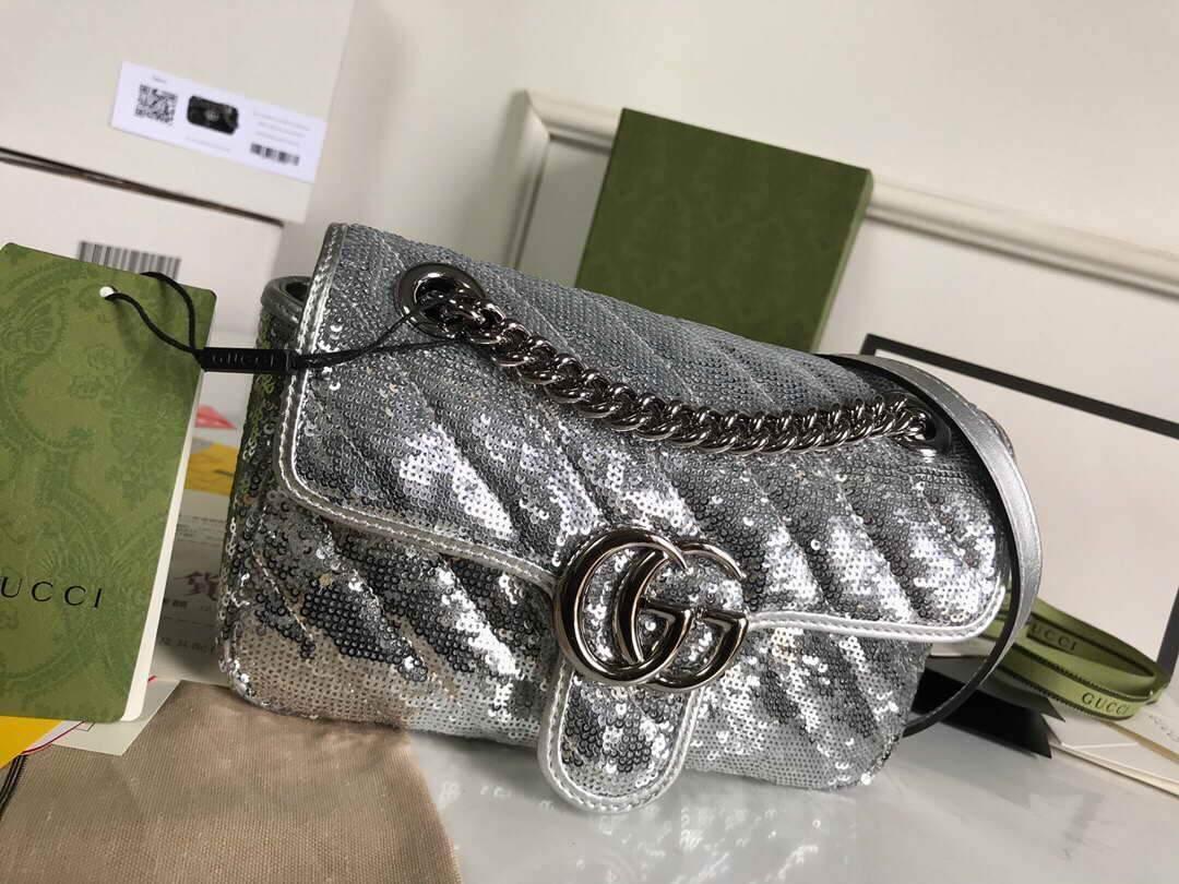 Gucci 446744 GG Marmont Mini Shoulder Sequin Bag Silver