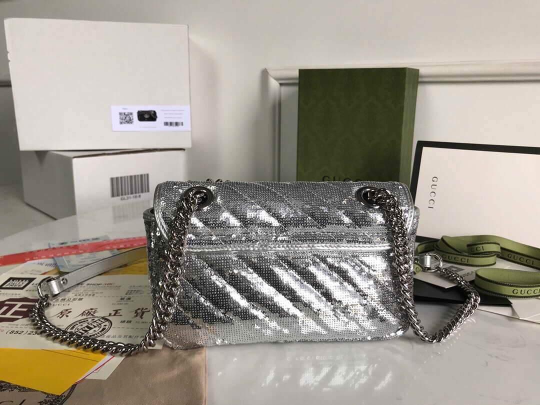 Gucci 446744 GG Marmont Mini Shoulder Sequin Bag Silver