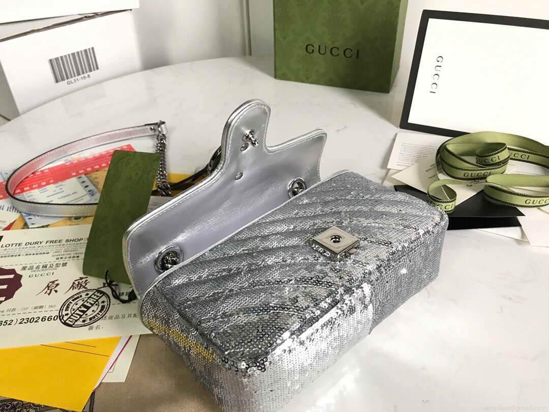 Gucci 446744 GG Marmont Mini Shoulder Sequin Bag Silver