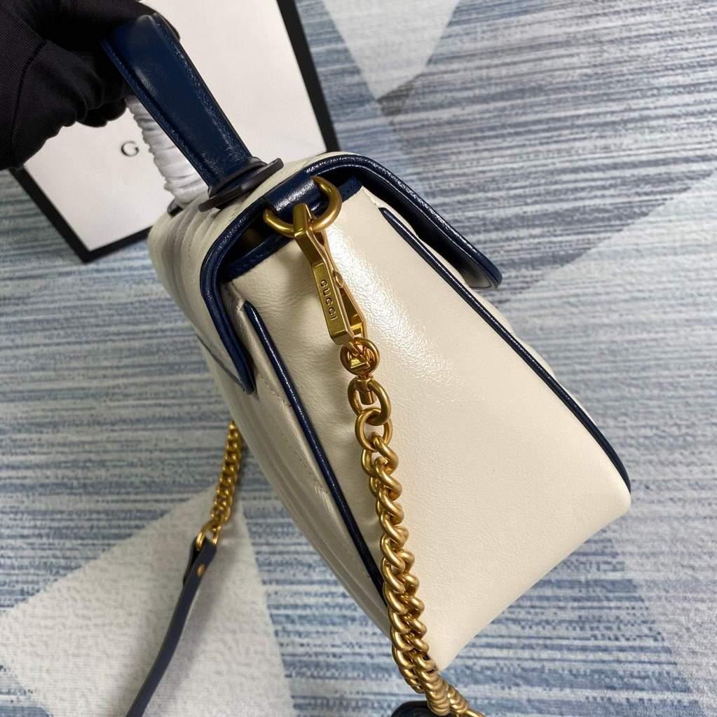 Gucci 498110 GG Marmont Small Top Handle Bag White and Navy Blue
