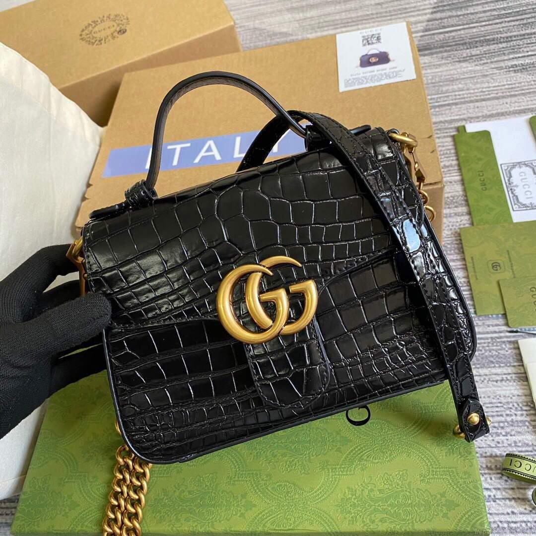 Gucci ‎547260 GG Marmont Mini Crocodile Pattern Top Handle Bag Black