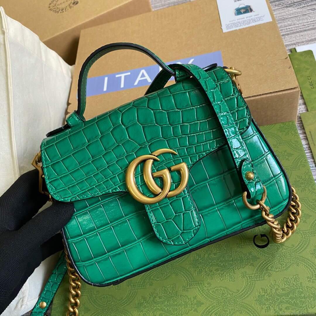 Gucci ‎547260 GG Marmont Mini Crocodile Pattern Top Handle Bag Green
