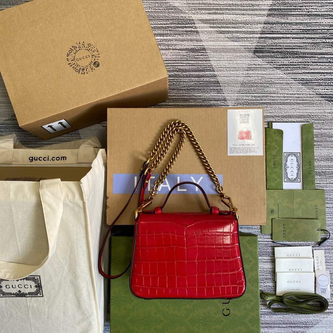 Gucci ‎547260 GG Marmont Mini Crocodile Pattern Top Handle Bag Red
