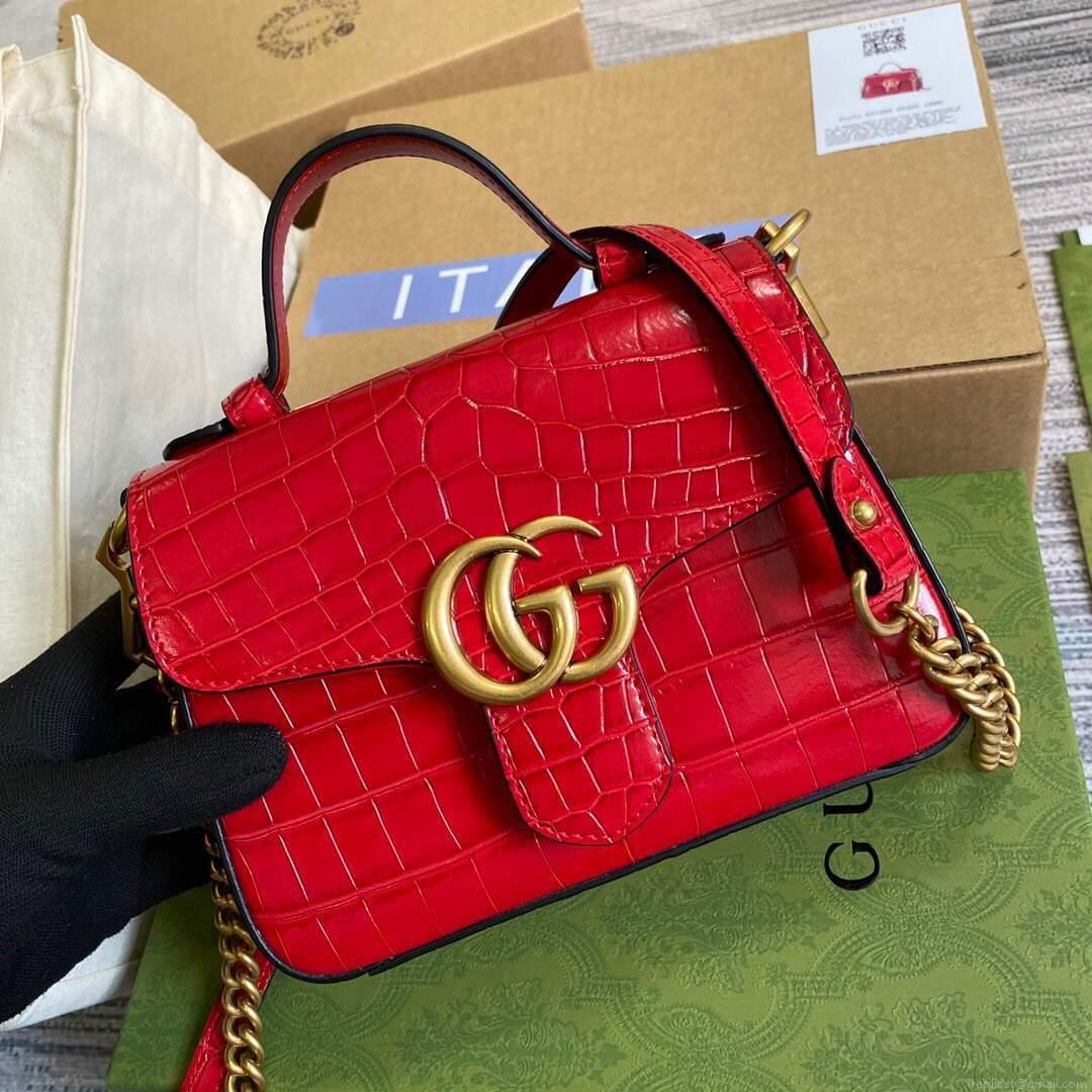 Gucci ‎547260 GG Marmont Mini Crocodile Pattern Top Handle Bag Red