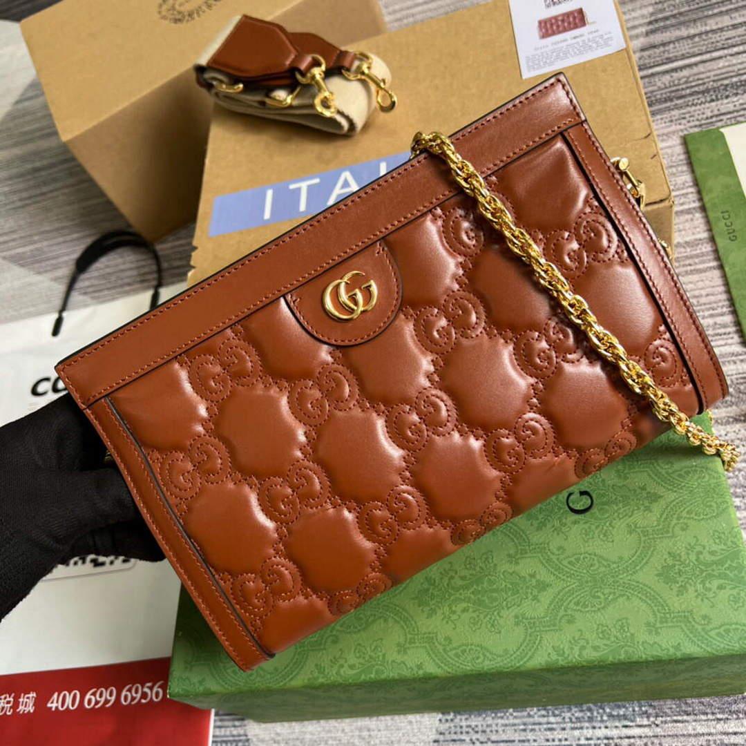 Gucci 702200 GG matelassé leather shoulder bag brown
