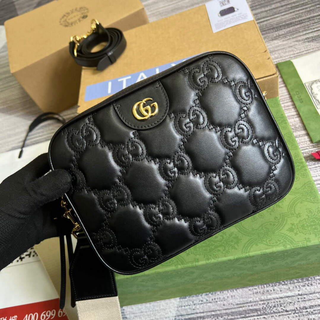 Gucci 702234 GG Matelassé Leather Shoulder Handbag Black