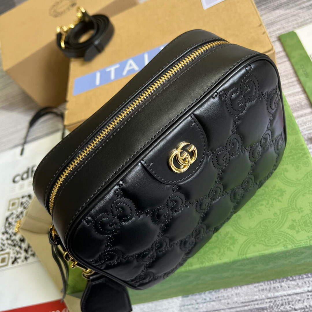 Gucci 702234 GG Matelassé Leather Shoulder Handbag Black