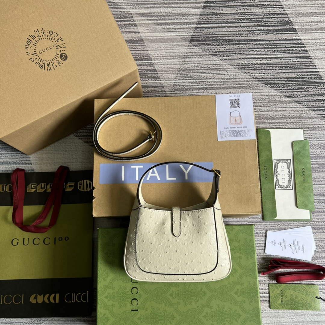 Gucci 637091 Jackie 1961 Mini Ostrich skin Shoulder Bag Beige