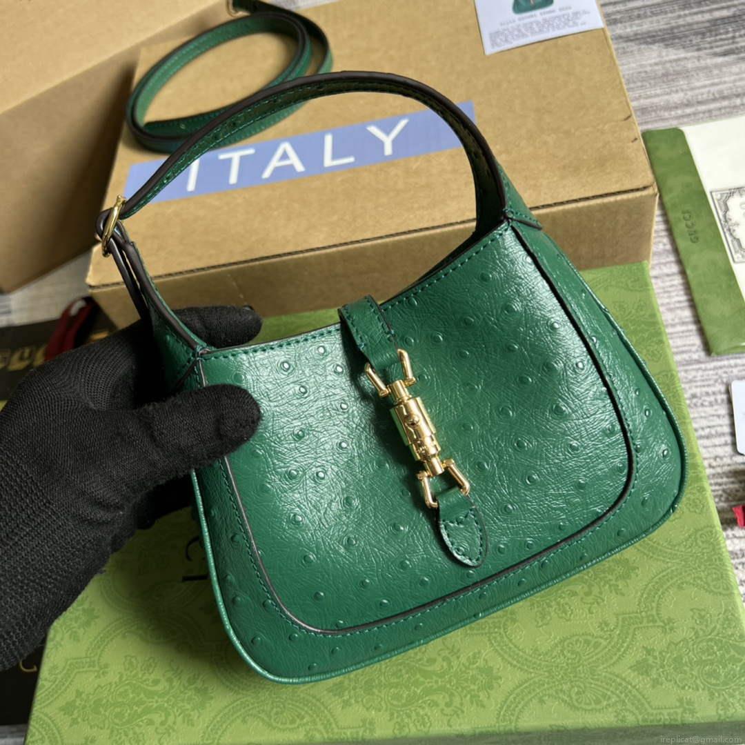 Gucci 637091 Jackie 1961 Mini Ostrich skin Shoulder Bag Green