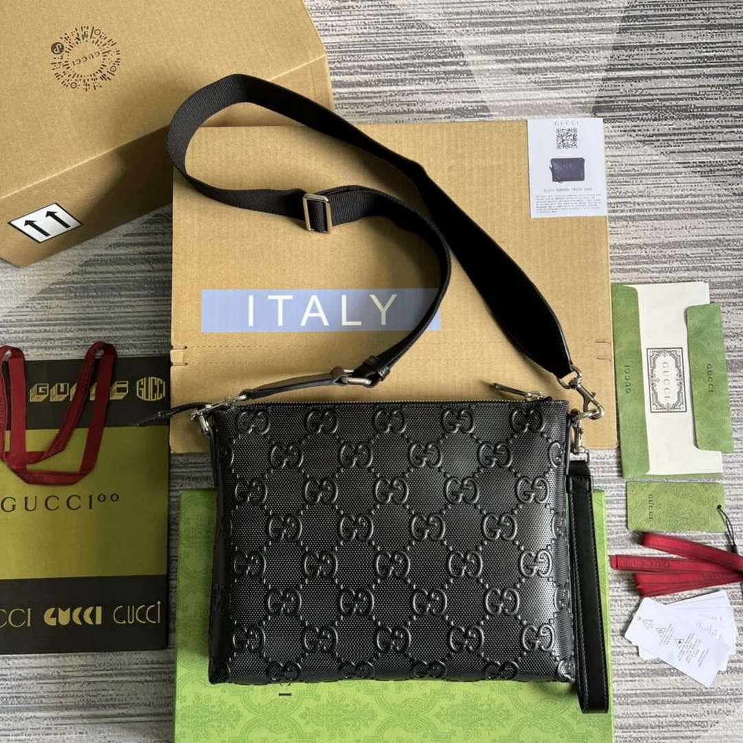 Gucci 696009 GG Embossed Medium Messenger Bag Black