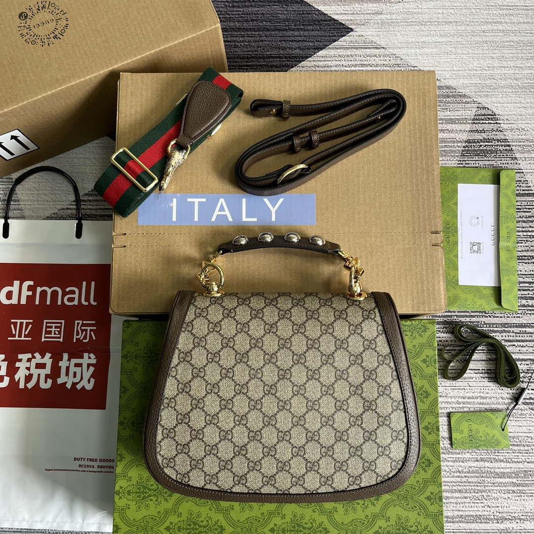 Gucci 721172 Blondie Medium top handle bag Beige and ebony GG Supreme canvas
