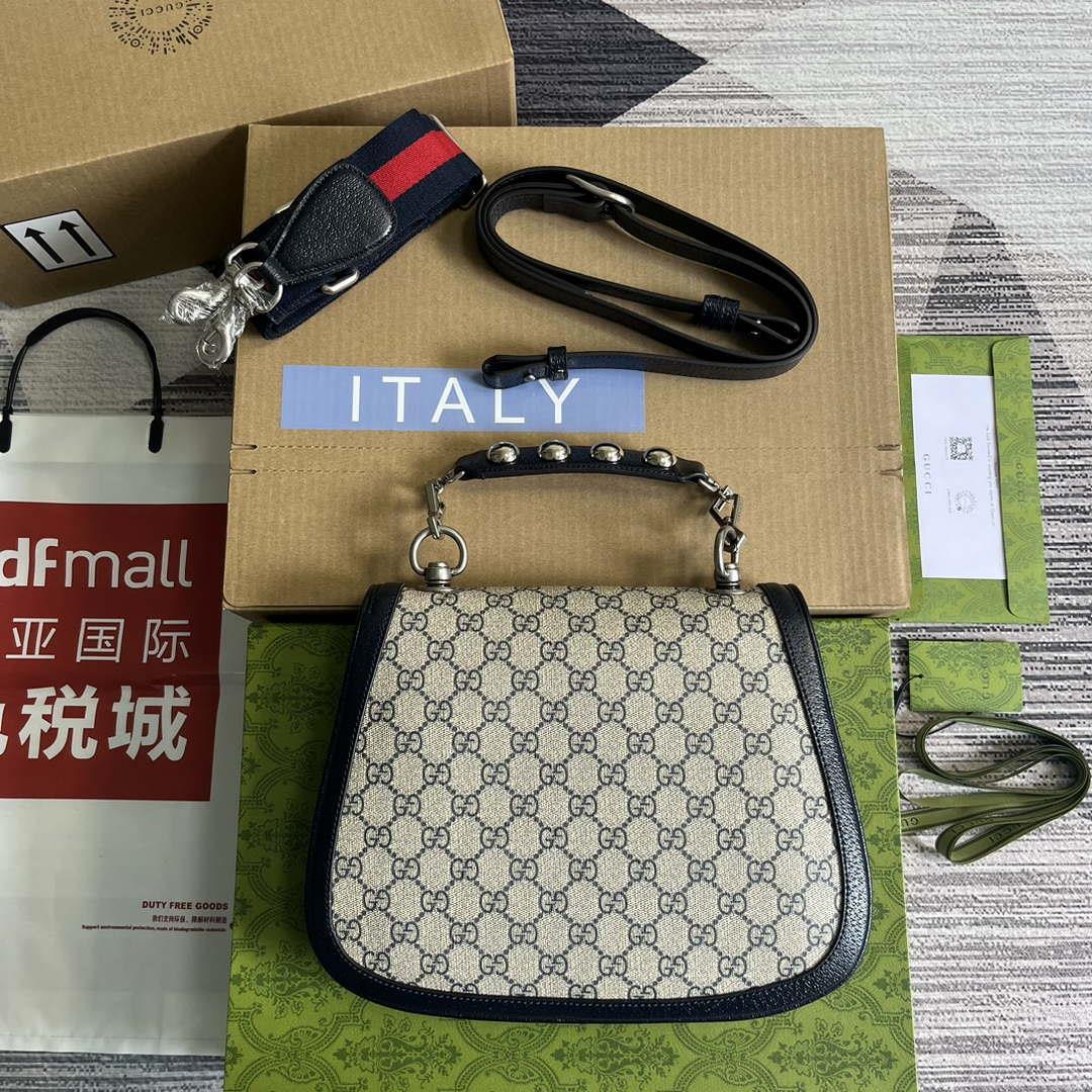 Gucci 721172 Blondie Medium top handle bag Beige and ebony Navy blue
