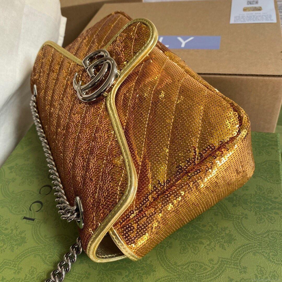 Gucci 443497 GG Marmont Matelassé shoulder Sequin Bag Gold