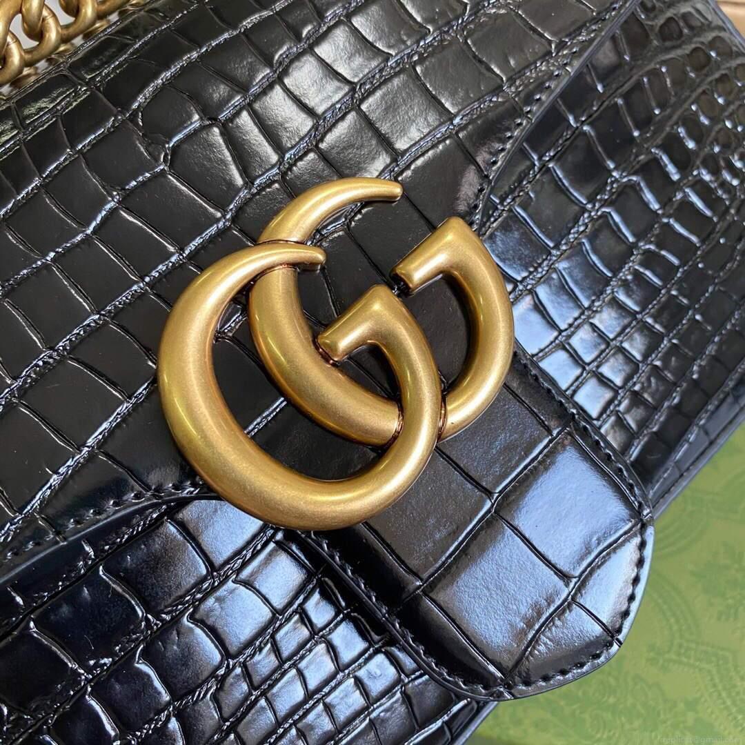 Gucci 443497 GG Marmont Small Crocodile Pattern Matelassé Shoulder Bag Black