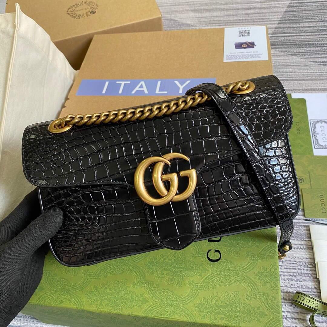 Gucci 443497 GG Marmont Small Crocodile Pattern Matelassé Shoulder Bag Black