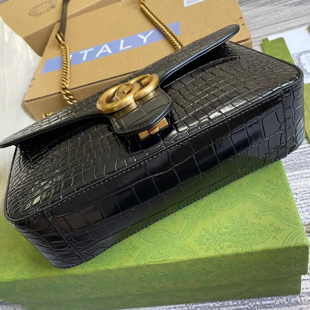 Gucci 443497 GG Marmont Small Crocodile Pattern Matelassé Shoulder Bag Black