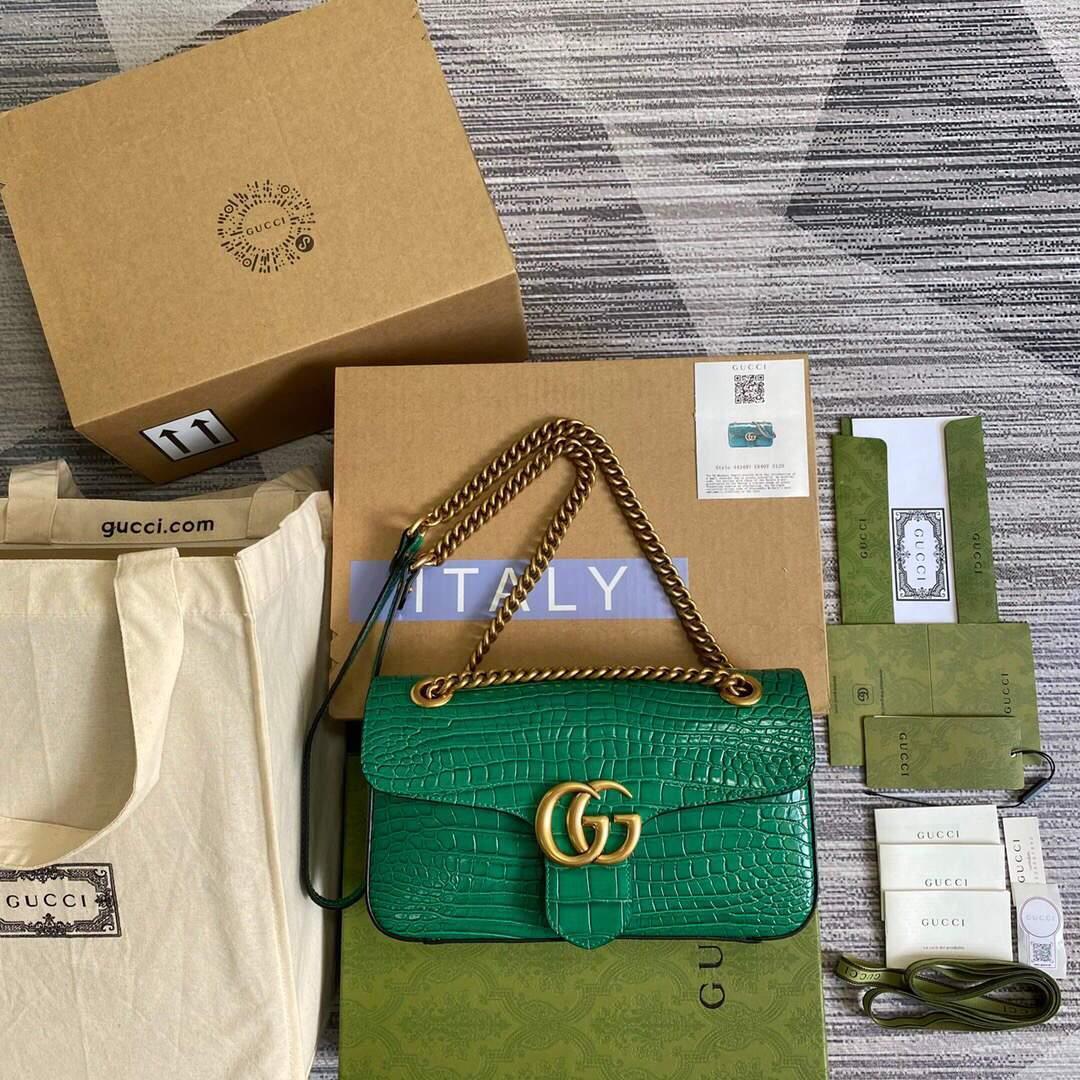 Gucci 443497 GG Marmont Small Crocodile Pattern Matelassé Shoulder Bag Green