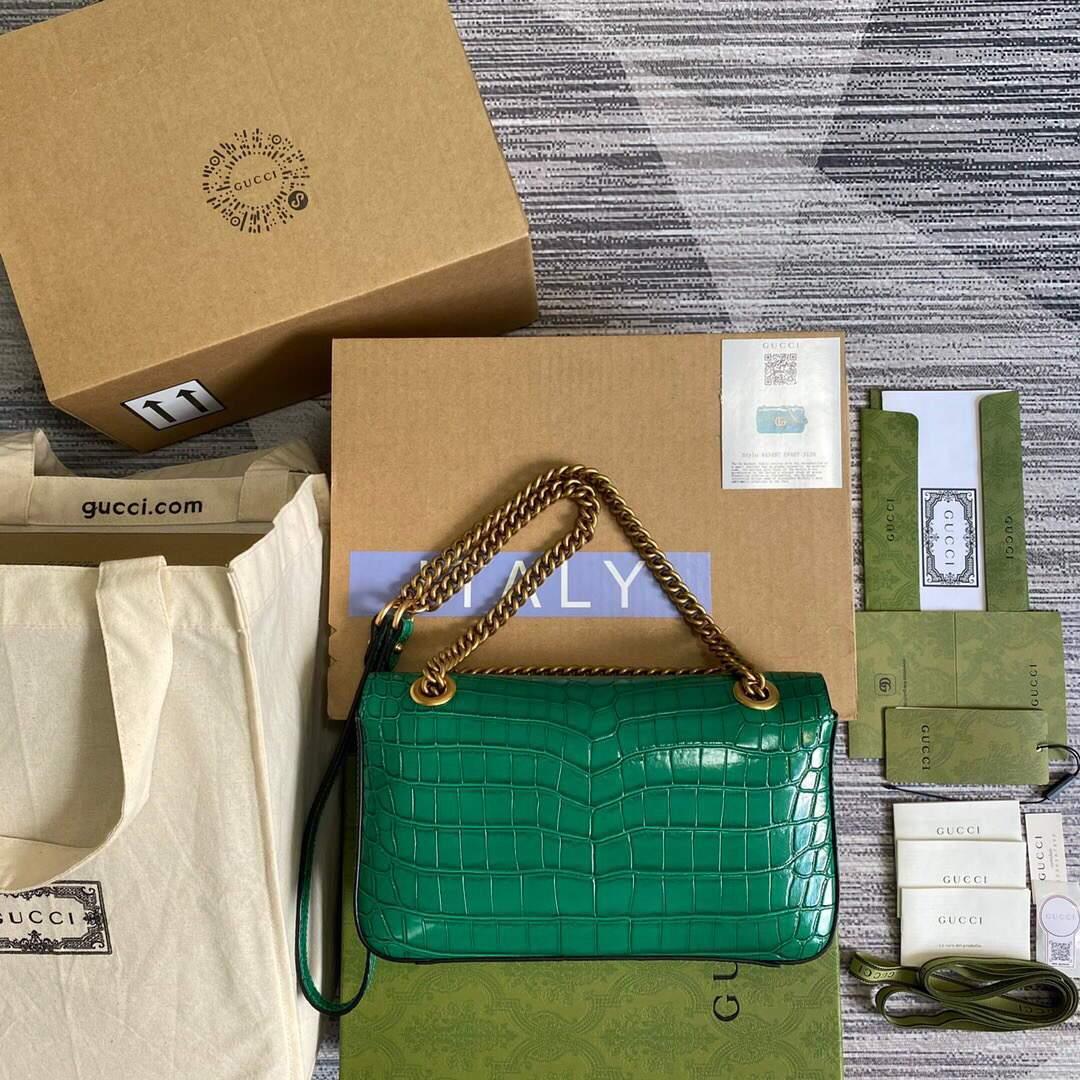 Gucci 443497 GG Marmont Small Crocodile Pattern Matelassé Shoulder Bag Green
