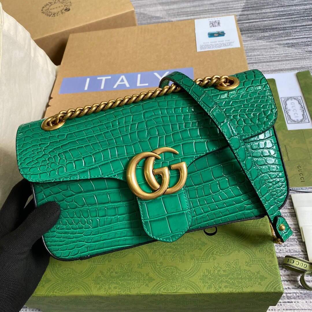 Gucci 443497 GG Marmont Small Crocodile Pattern Matelassé Shoulder Bag Green