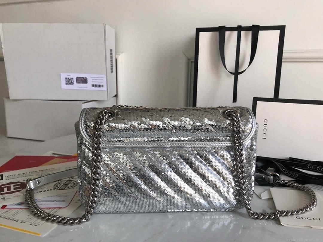 Gucci 443497 GG Marmont Small Shoulder Sequin Bag Silver