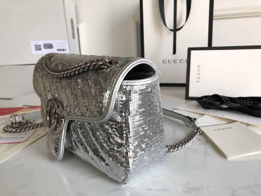 Gucci 443497 GG Marmont Small Shoulder Sequin Bag Silver