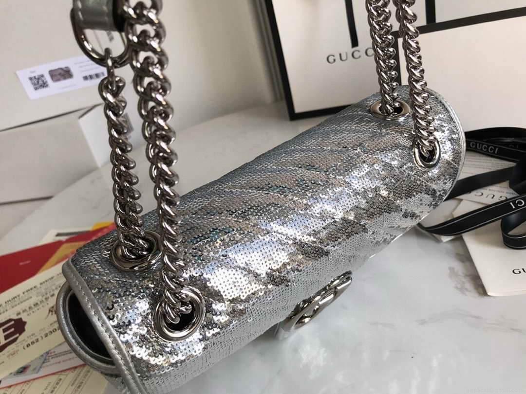 Gucci 443497 GG Marmont Small Shoulder Sequin Bag Silver